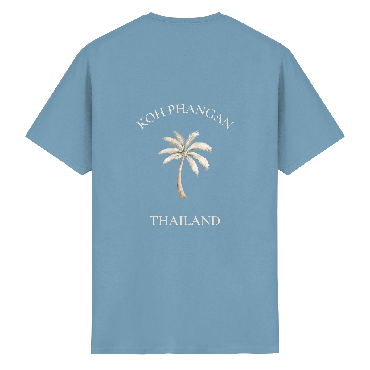 Koh Phangan Mini Palm – Essential T-Shirt – Backprint – Originalmockup in Carolina Blue, Produktansicht 2