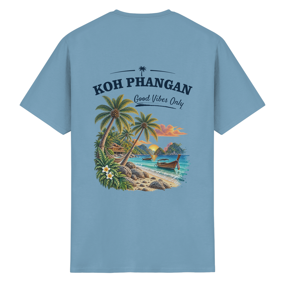 Koh Phangan Good Vibes Only – Essential T-Shirt – Backprint – Original-Mockup heavy cotton t shirt carolina blue mit Rückenmotiv