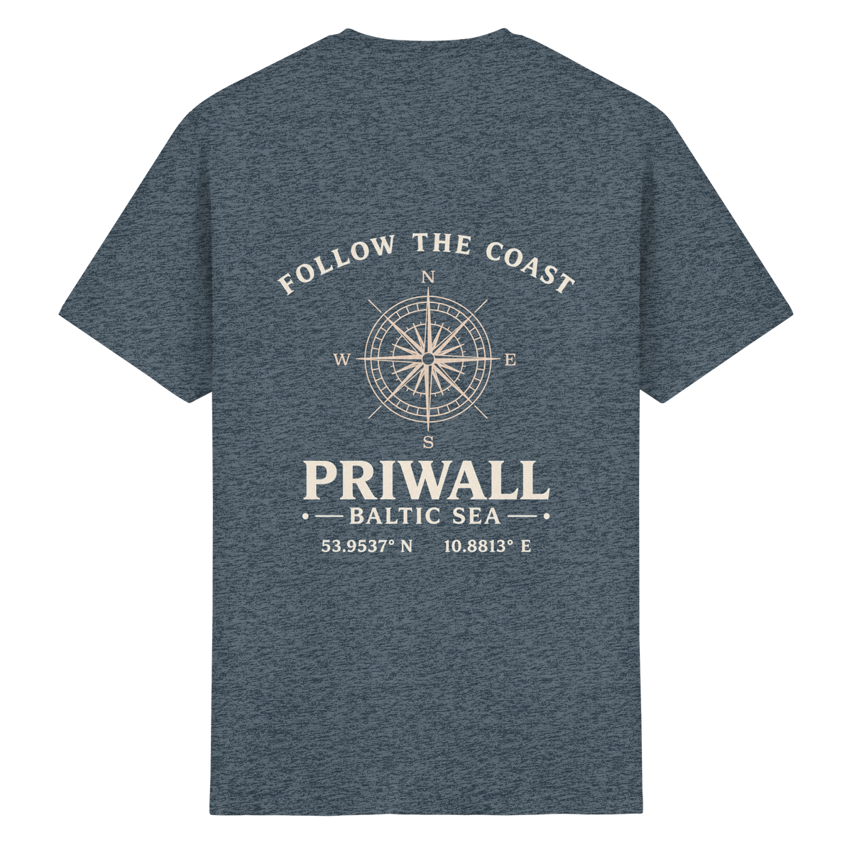 Rückansicht des Essential T-Shirt in Dark Heather mit dunklem Priwall Follow the Coast Backprint