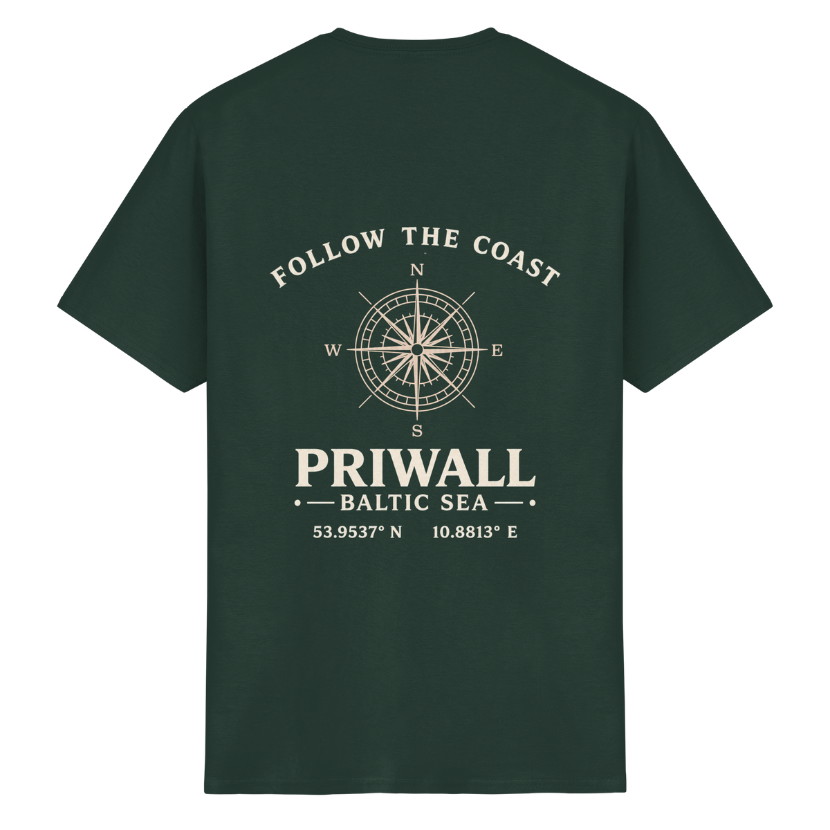 Rückansicht des Essential T-Shirt in Forest Green mit dunklem Priwall Follow the Coast Backprint