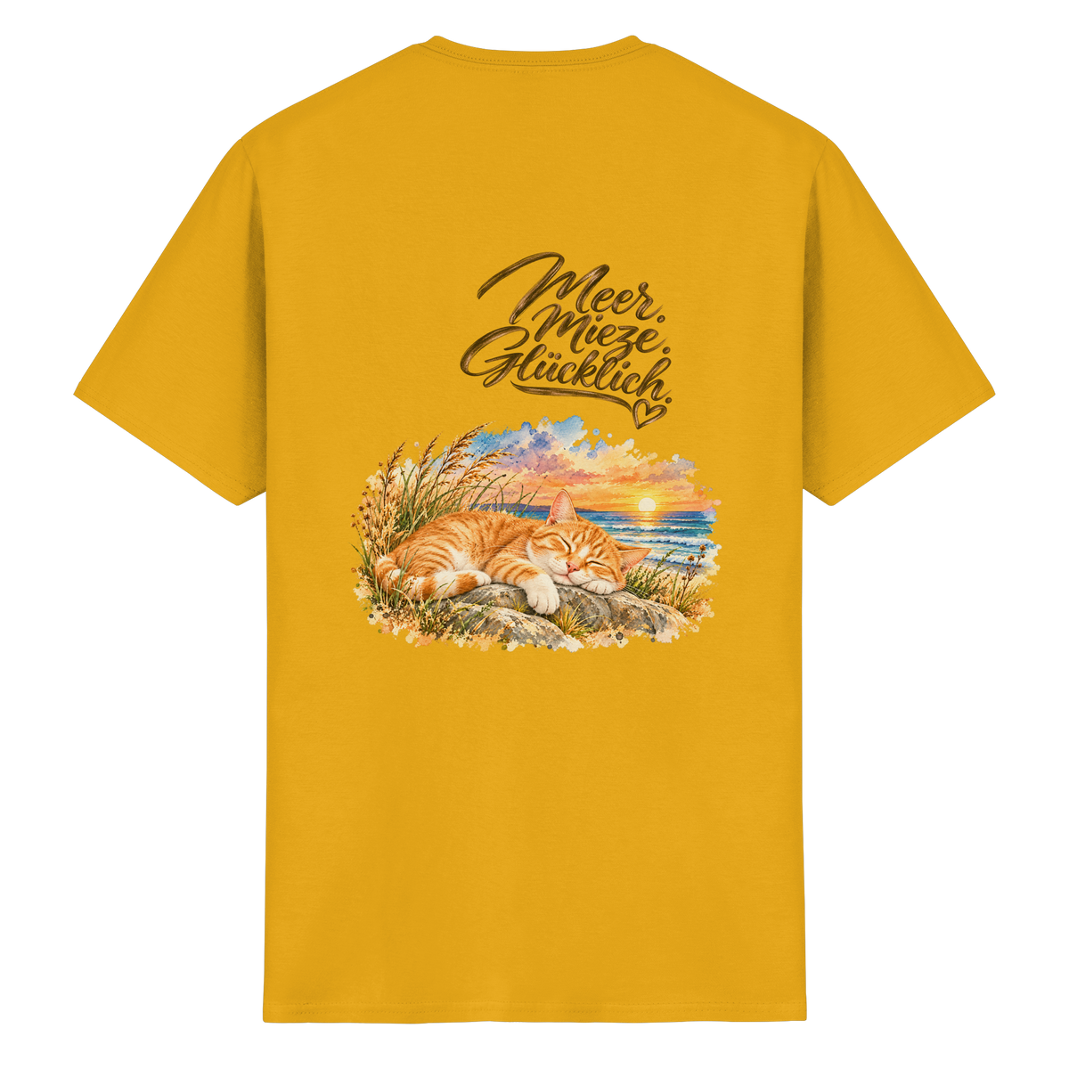 Unisex Heavy-Cotton-T-Shirt in Gold mit „Meer. Mieze. Glücklich.“ als Backprint – Original-Mockup