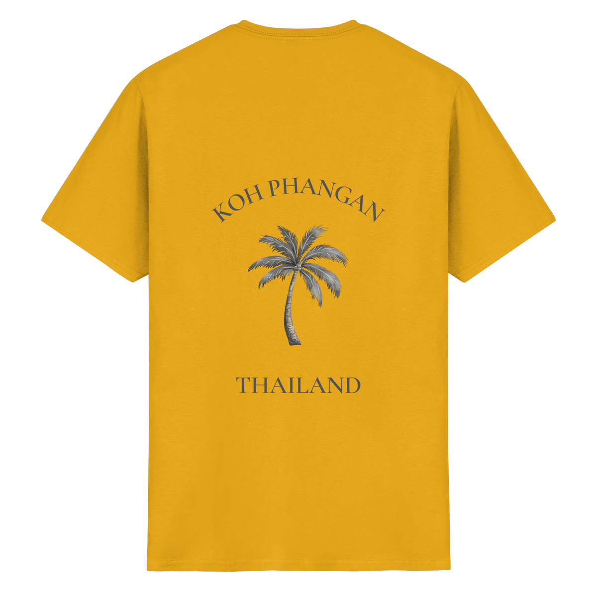 Essential T-Shirt in gold mit Koh Phangan Mini Palm Motiv als Backprint – Original-Mockup