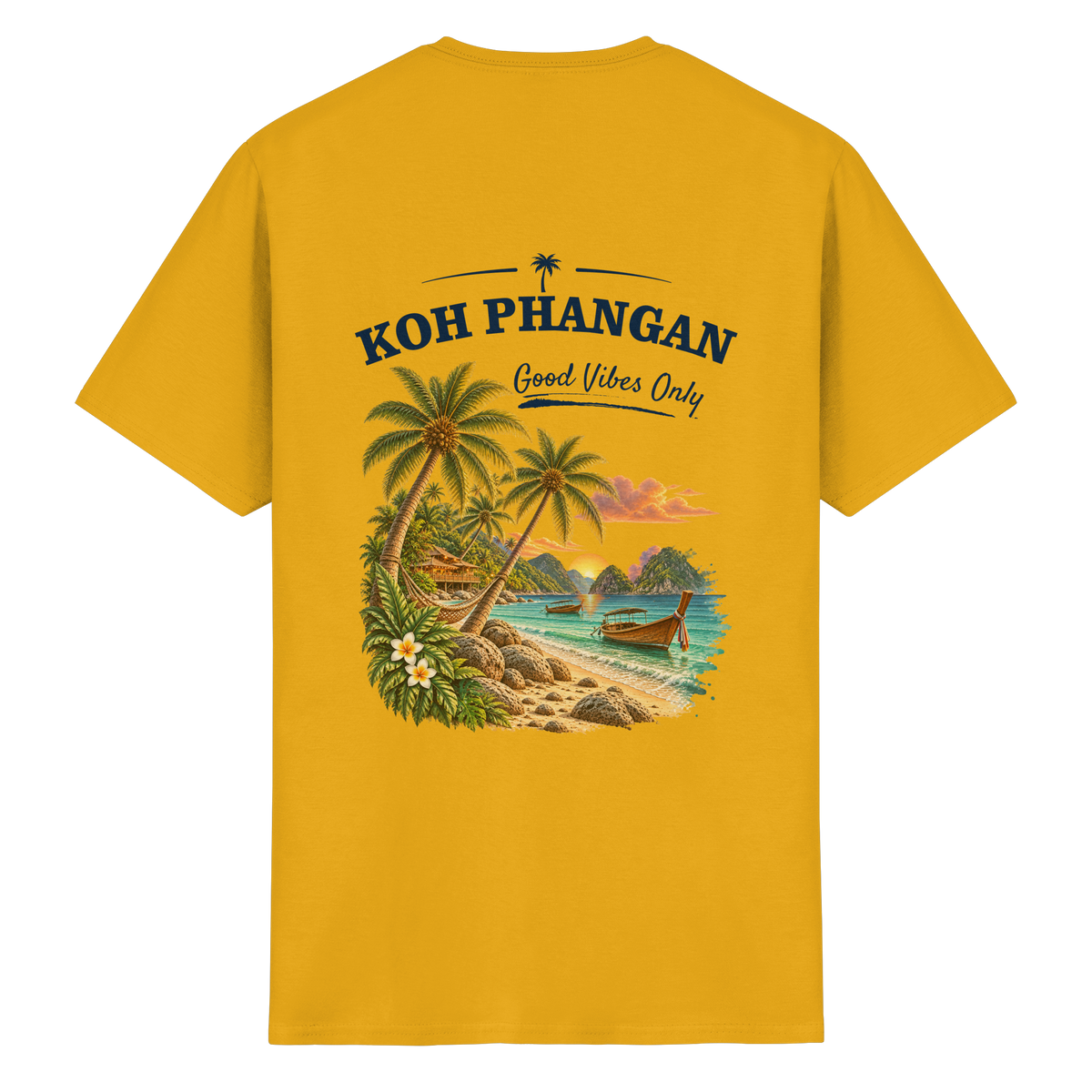 Koh Phangan Good Vibes Only – Essential T-Shirt – Backprint – Original-Mockup heavy cotton t shirt gold mit Rückenmotiv