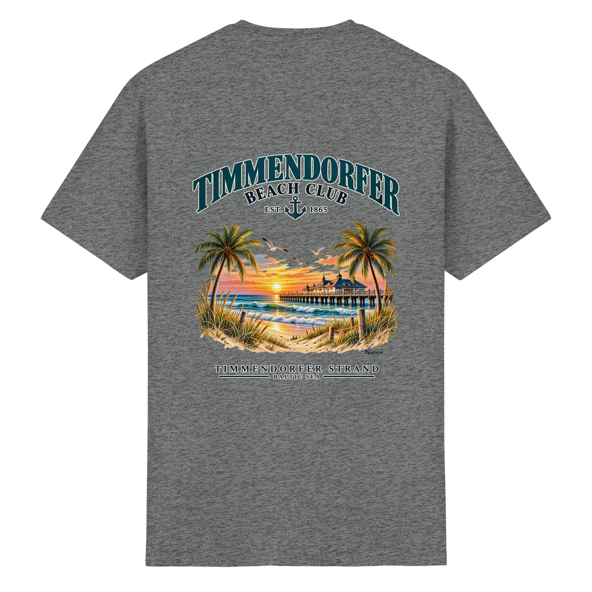 Original-Produktmockup: Essential Unisex-T-Shirt in Graphite Heather, Rückansicht mit Timmendorfer-Beach-Club-Motiv und dem Schriftzug Timmendorfer Strand – Baltic Sea.