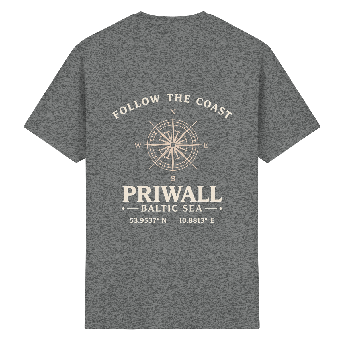 Rückansicht des Essential T-Shirt in Graphite Heather mit dunklem Priwall Follow the Coast Backprint
