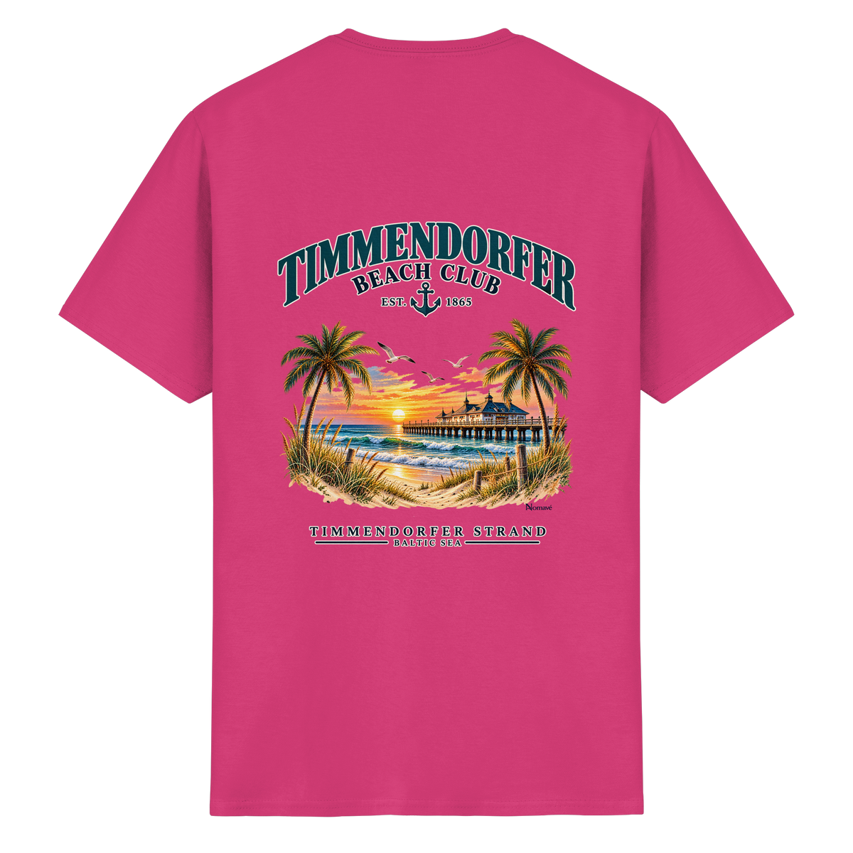 Original-Produktmockup: Essential Unisex-T-Shirt in Heliconia, Rückansicht mit Timmendorfer-Beach-Club-Motiv und dem Schriftzug Timmendorfer Strand – Baltic Sea.