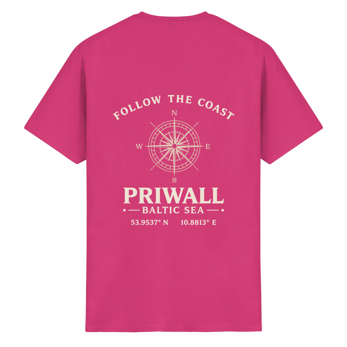 Rückansicht des Essential T-Shirt in Heliconia mit dunklem Priwall Follow the Coast Backprint