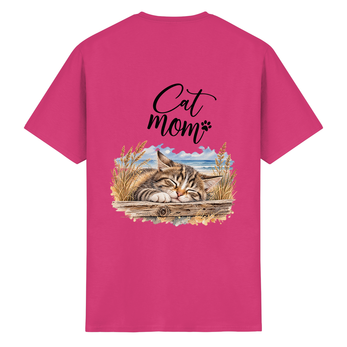 Cat Mom Heavy-Cotton-T-Shirt in Heliconia – Originalansicht mit schlafender Katze und Küstenmotiv als Rückenprint.