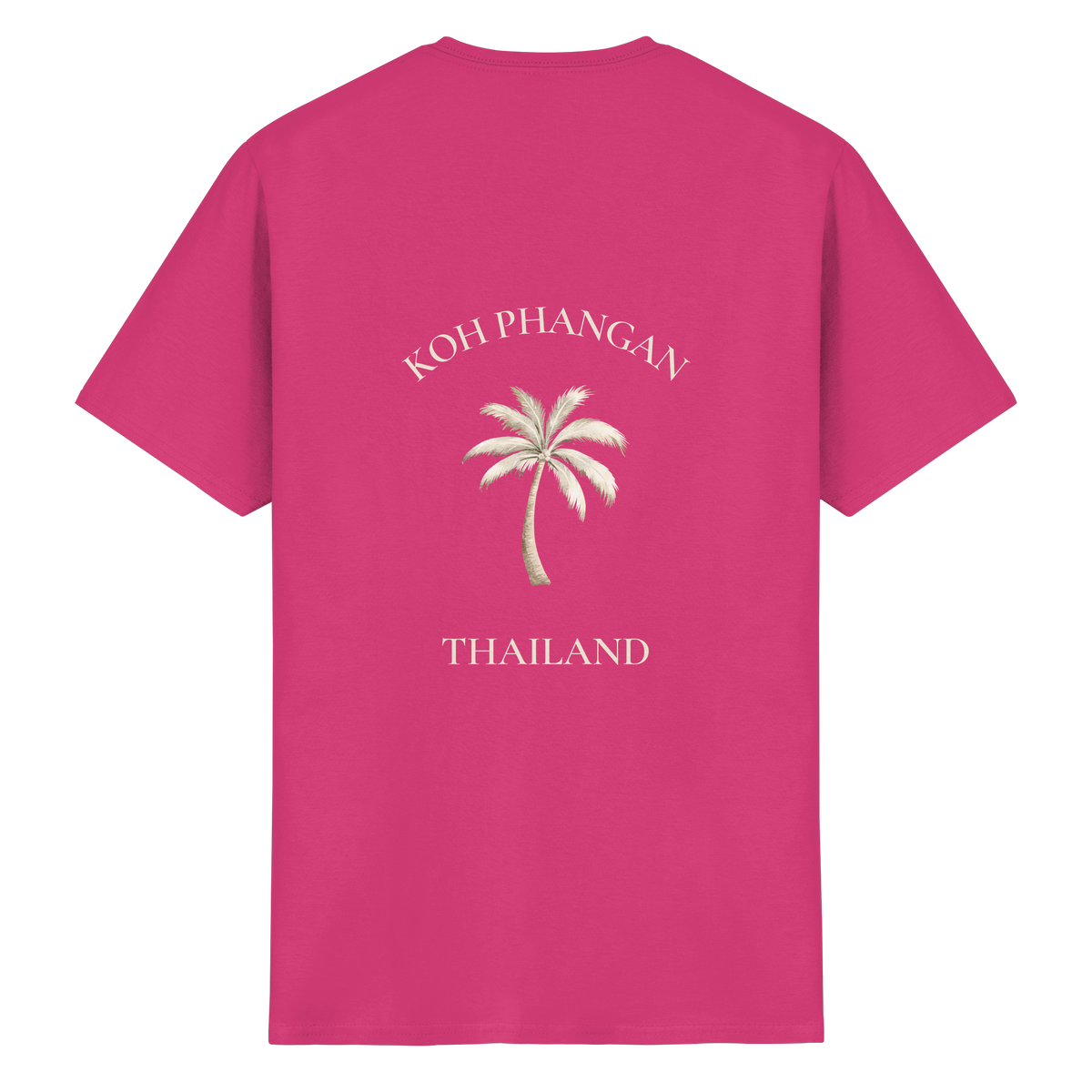Koh Phangan Mini Palm – Essential T-Shirt – Backprint – Originalmockup in Heliconia, Produktansicht 5