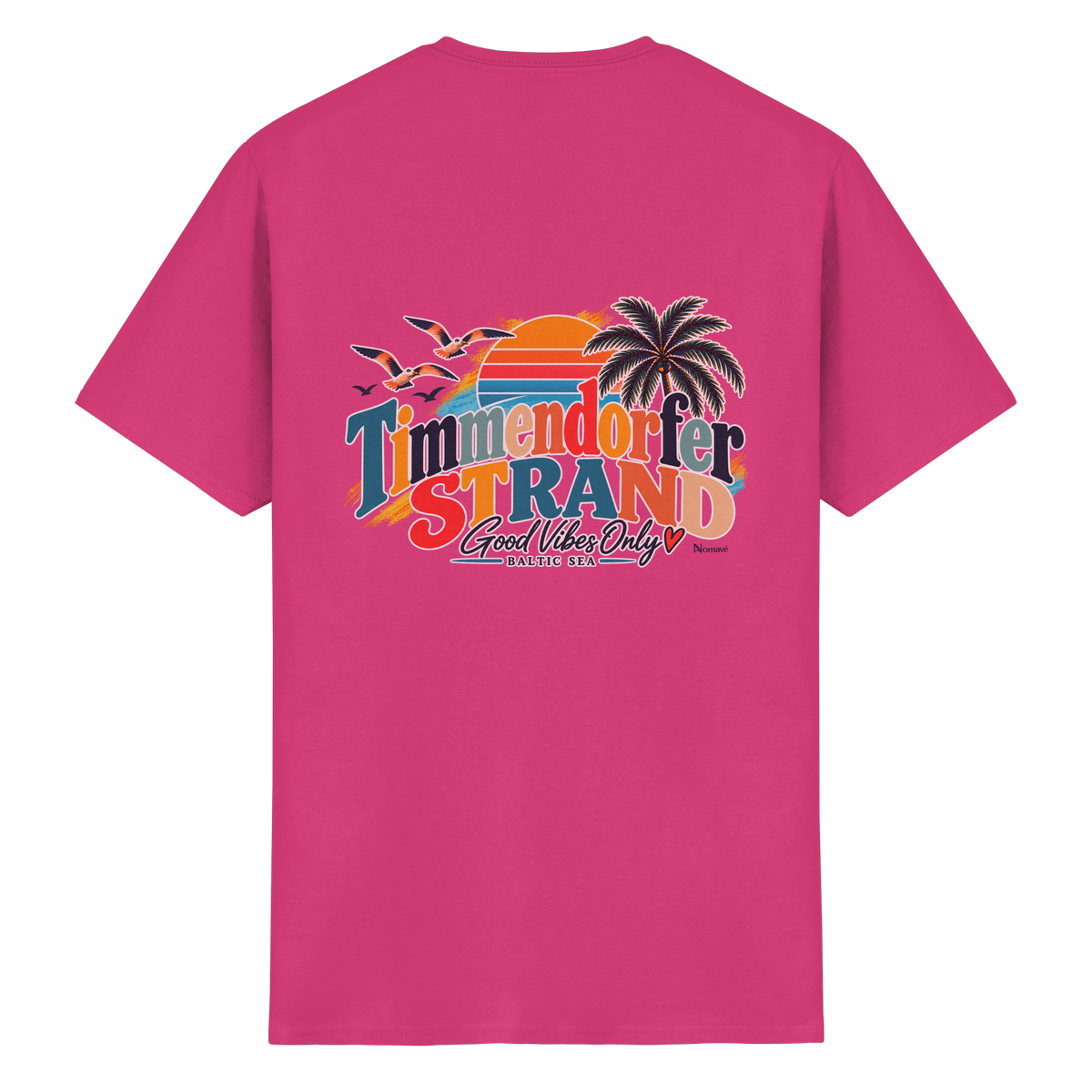 Essential T-Shirt in Heliconia, Katalog-Rückansicht mit Timmendorfer-Strand-Good-Vibes-Only-Rückenprint.