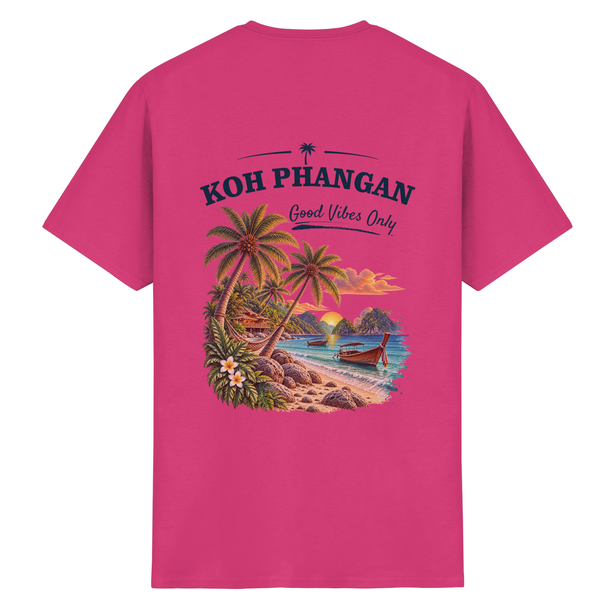Koh Phangan Good Vibes Only – Essential T-Shirt – Backprint – Original-Mockup heavy cotton t shirt heliconia mit Rückenmotiv