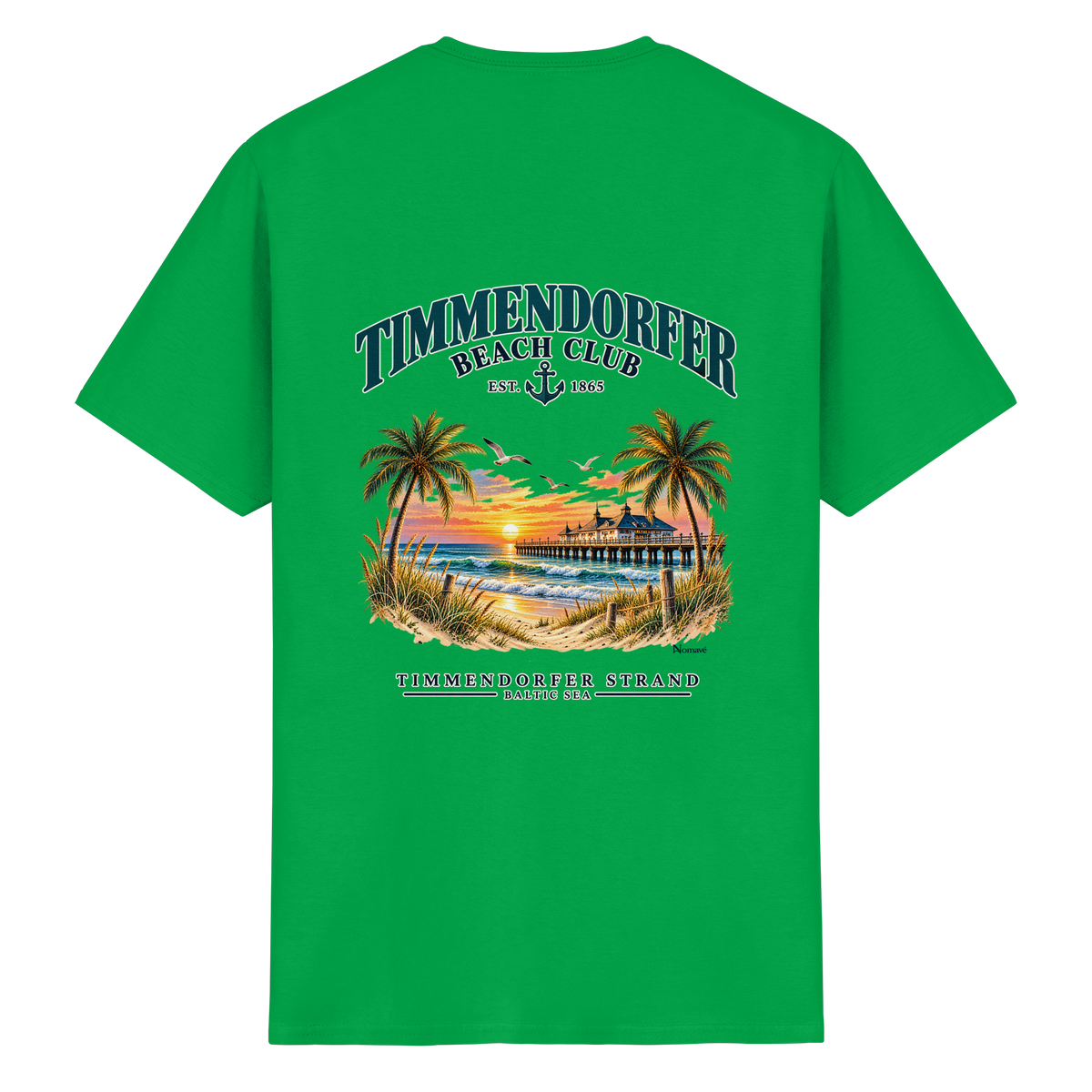 Original-Produktmockup: Essential Unisex-T-Shirt in Irish Green, Rückansicht mit Timmendorfer-Beach-Club-Motiv und dem Schriftzug Timmendorfer Strand – Baltic Sea.
