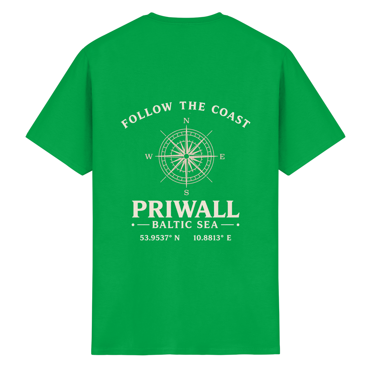 Rückansicht des Essential T-Shirt in Irish Green mit dunklem Priwall Follow the Coast Backprint