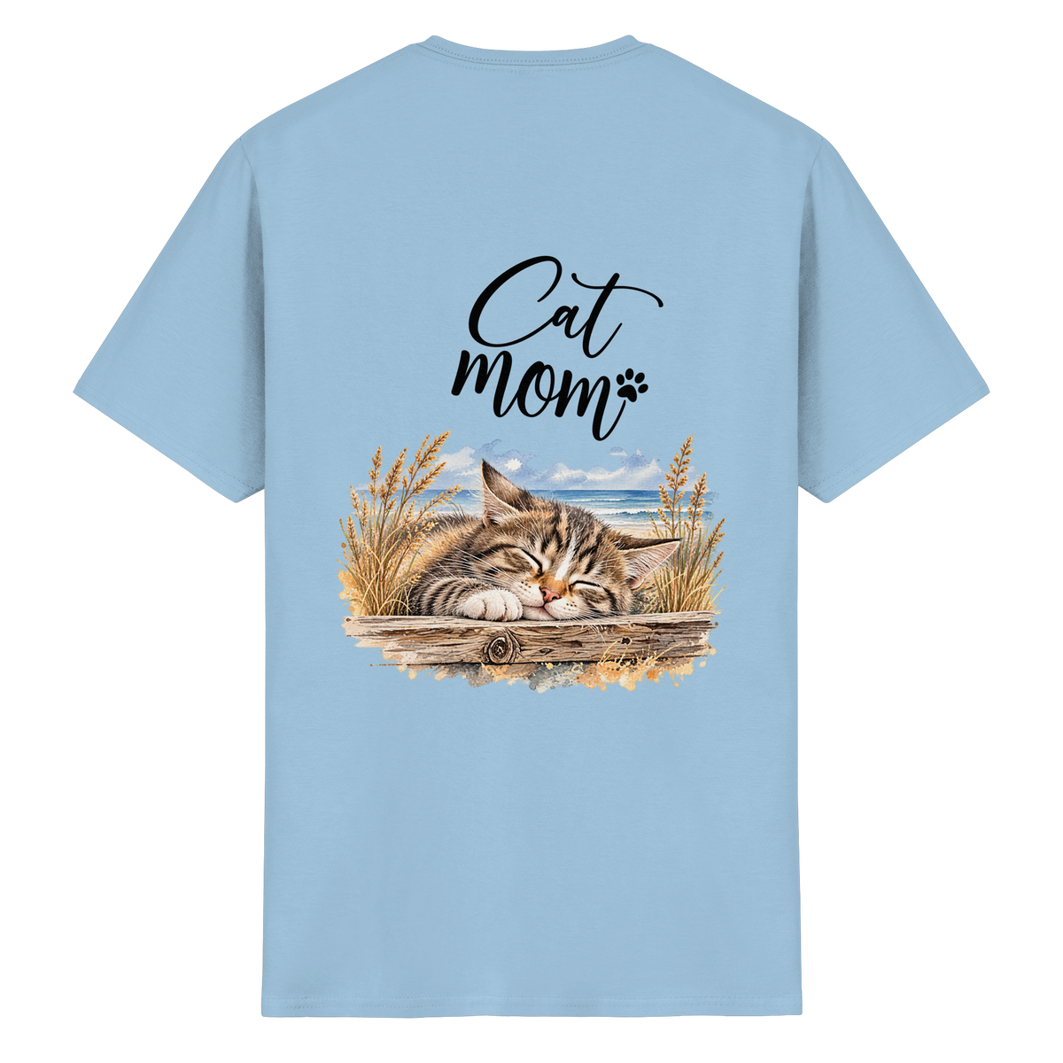 Cat Mom Heavy-Cotton-T-Shirt in Light Blue – Originalansicht mit schlafender Katze und Küstenmotiv als Rückenprint.