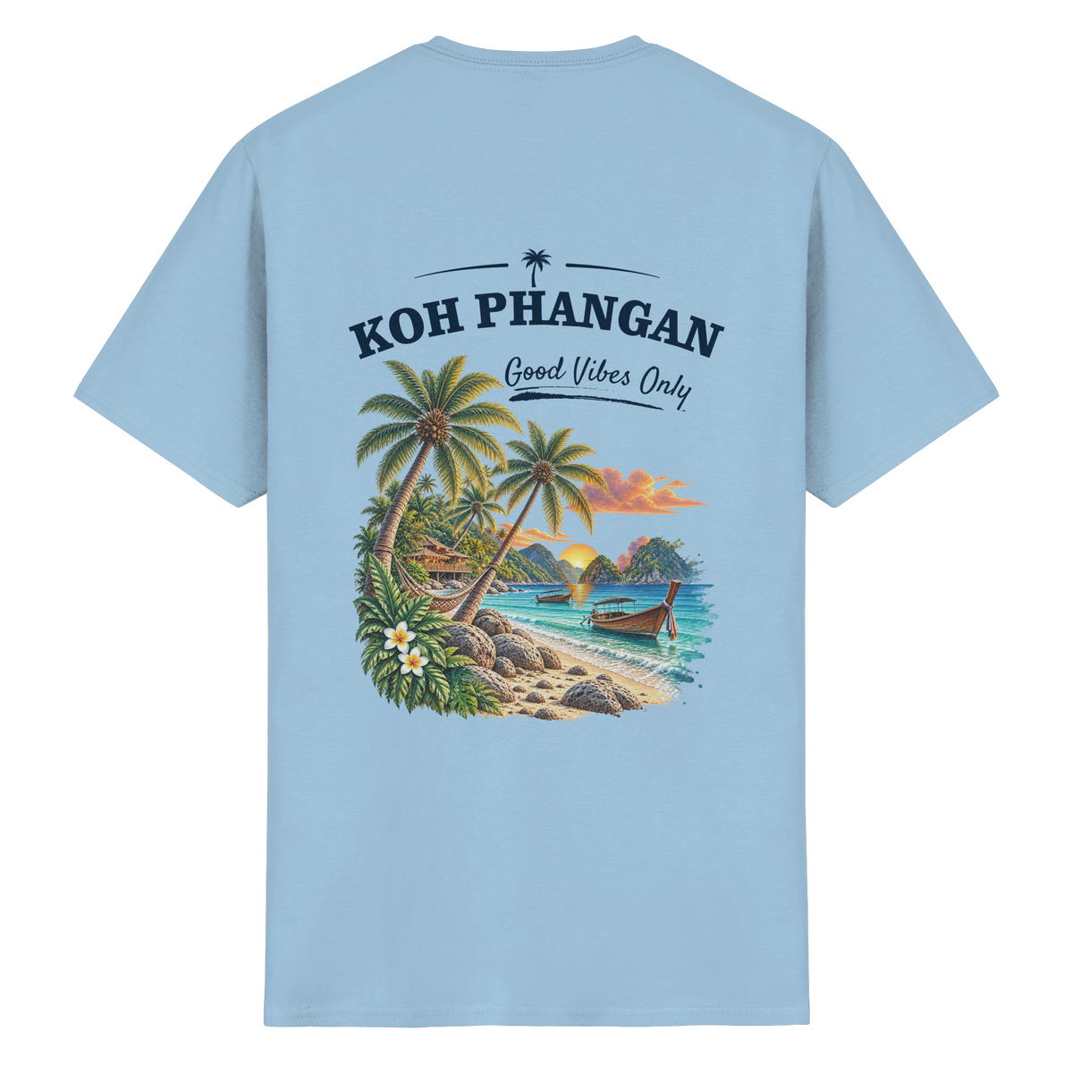 Koh Phangan Good Vibes Only – Essential T-Shirt – Backprint – Original-Mockup heavy cotton t shirt light blue mit Rückenmotiv