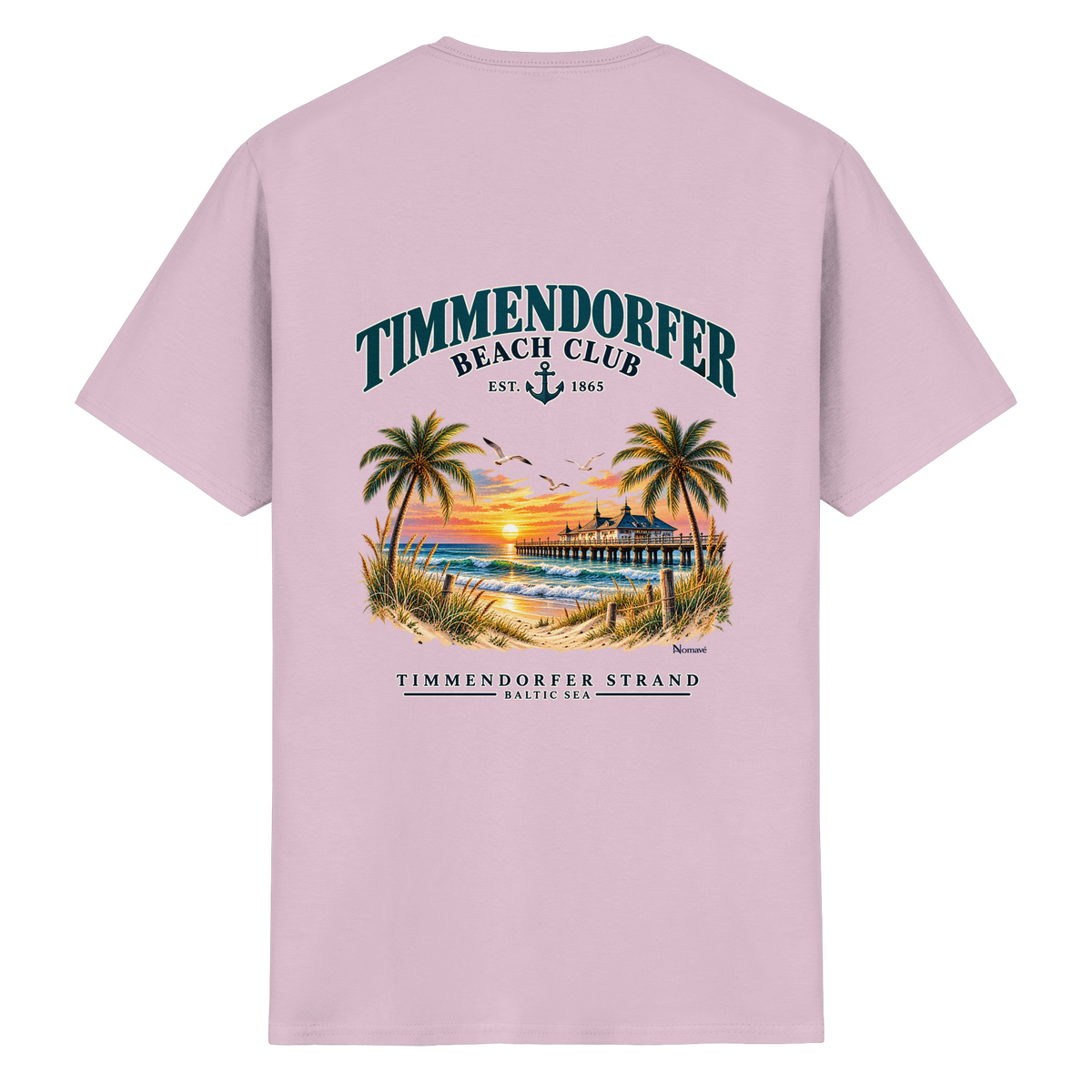 Original-Produktmockup: Essential Unisex-T-Shirt in Light Pink, Rückansicht mit Timmendorfer-Beach-Club-Motiv und dem Schriftzug Timmendorfer Strand – Baltic Sea.