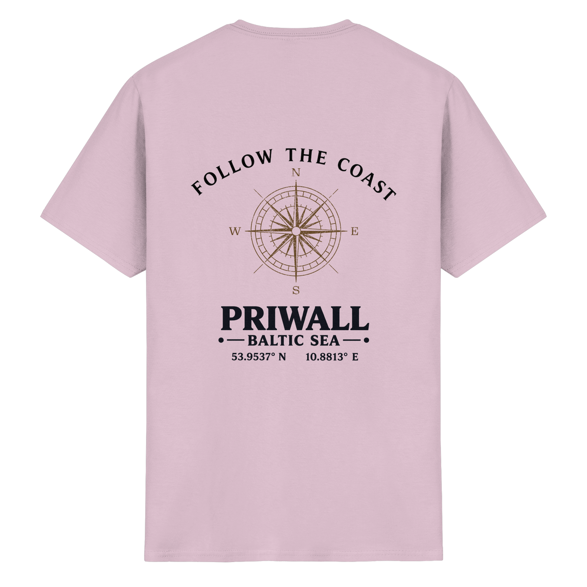 Rückansicht des Essential T-Shirt in der gezeigten Produktfarbe mit hellem Priwall Follow the Coast Backprint