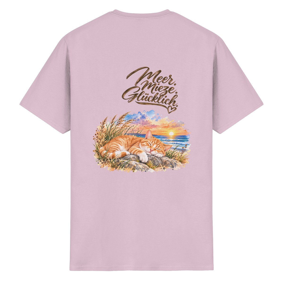 Unisex Heavy-Cotton-T-Shirt in Light Pink mit „Meer. Mieze. Glücklich.“ als Backprint – Original-Mockup