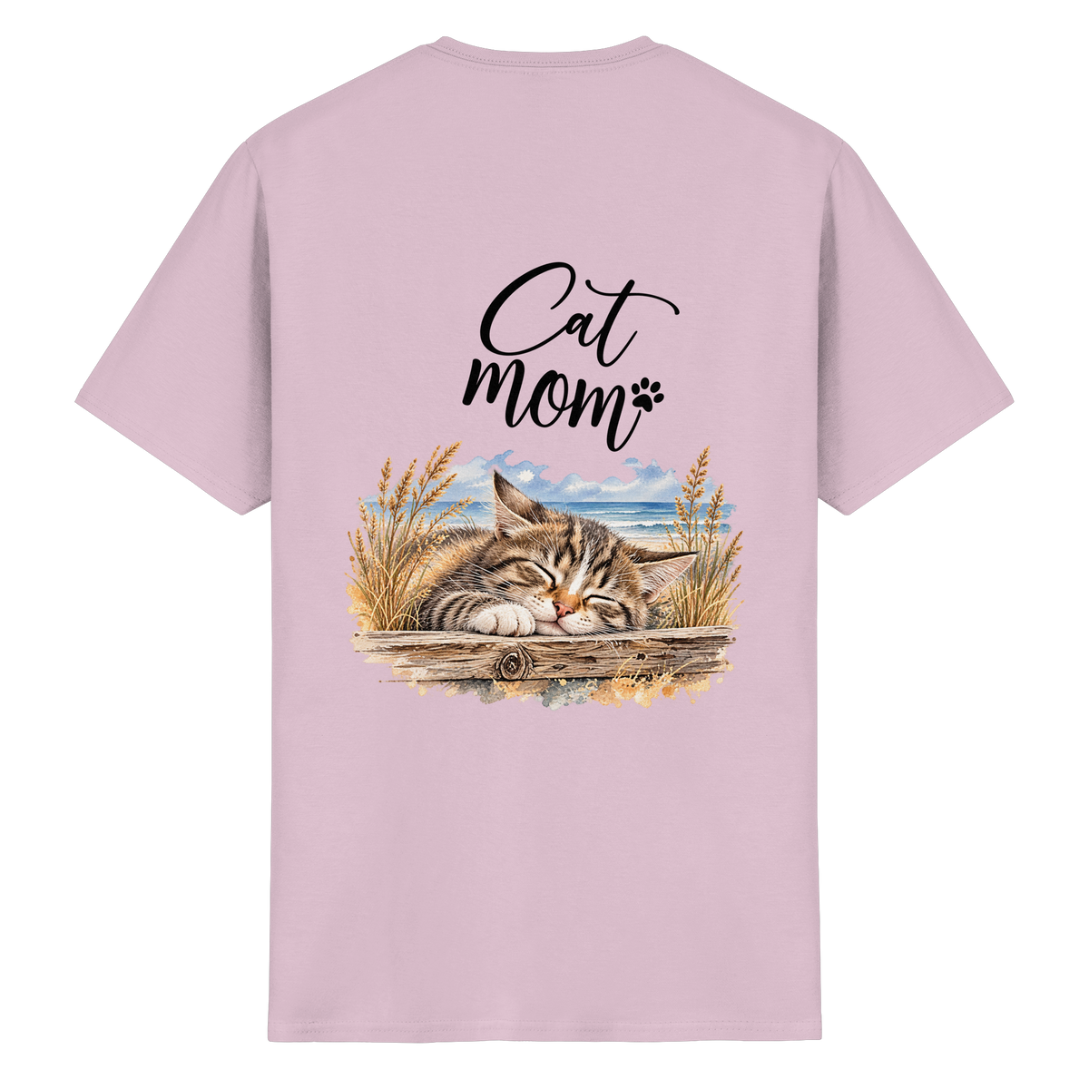 Cat Mom Heavy-Cotton-T-Shirt in Light Pink – Originalansicht mit schlafender Katze und Küstenmotiv als Rückenprint.