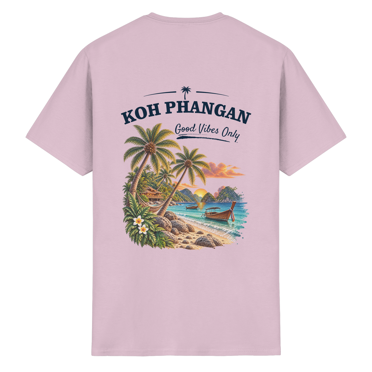 Koh Phangan Good Vibes Only – Essential T-Shirt – Backprint – Original-Mockup heavy cotton t shirt light pink mit Rückenmotiv