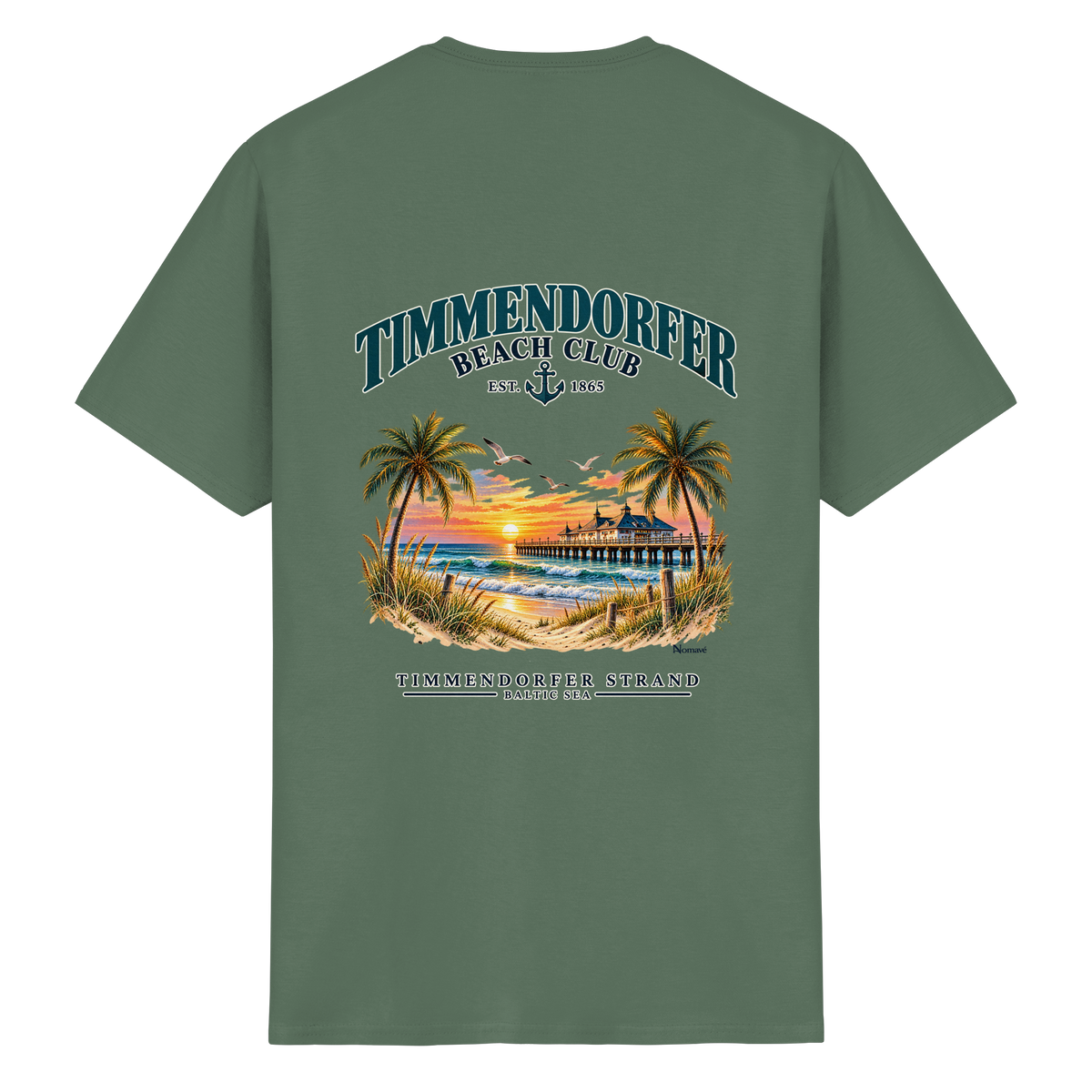 Original-Produktmockup: Essential Unisex-T-Shirt in Military Green, Rückansicht mit Timmendorfer-Beach-Club-Motiv und dem Schriftzug Timmendorfer Strand – Baltic Sea.