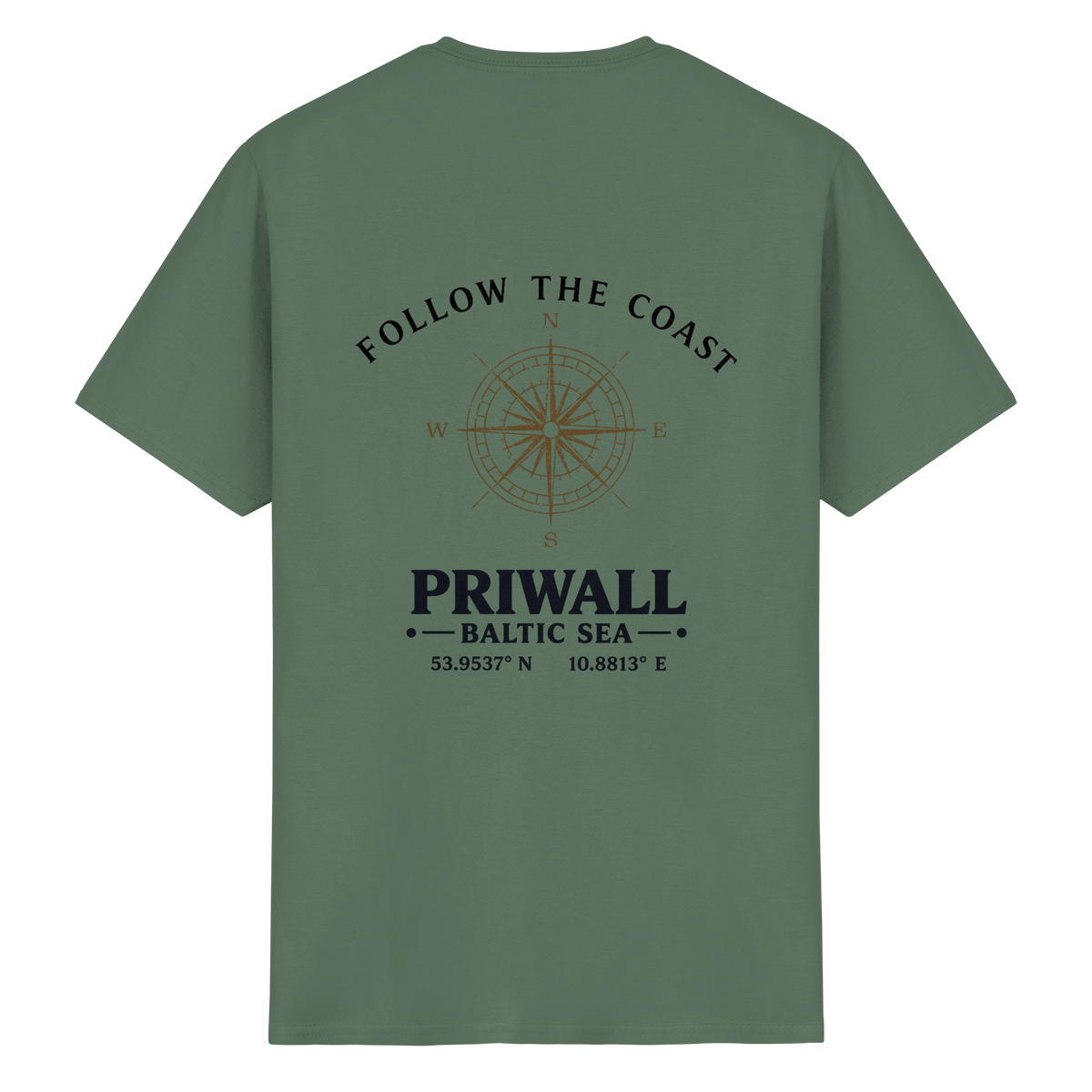 Rückansicht des Essential T-Shirt in der gezeigten Produktfarbe mit hellem Priwall Follow the Coast Backprint