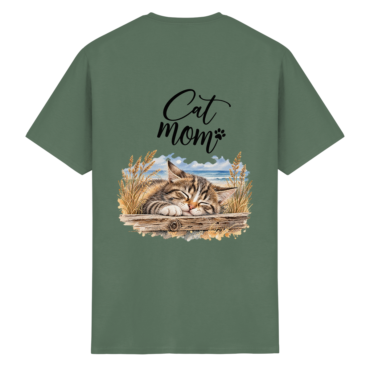 Cat Mom Heavy-Cotton-T-Shirt in Military Green – Originalansicht mit schlafender Katze und Küstenmotiv als Rückenprint.