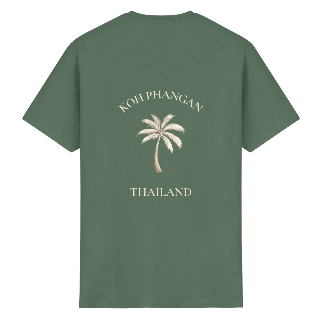 Koh Phangan Mini Palm – Essential T-Shirt – Backprint – Originalmockup in Military Green, Produktansicht 1