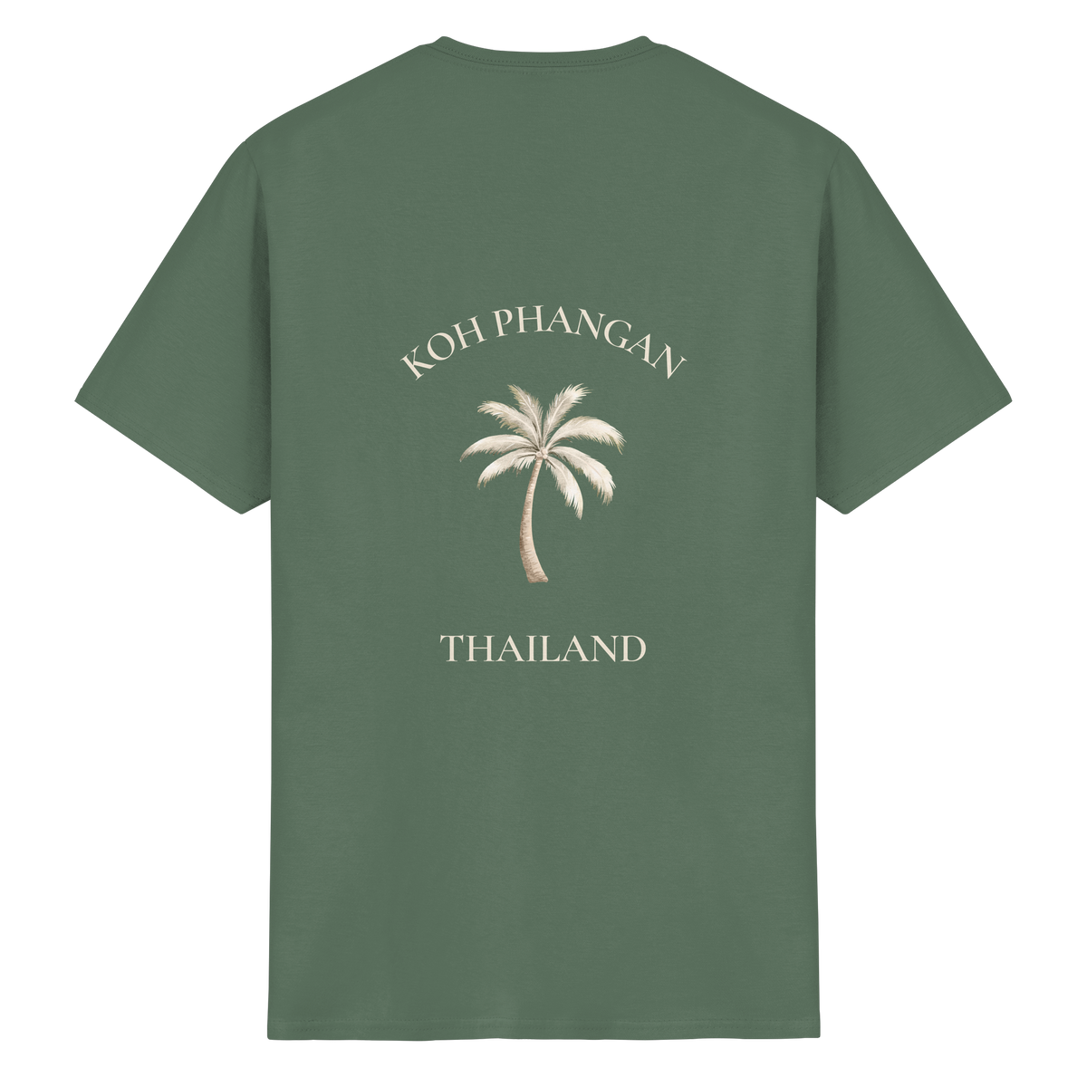 Koh Phangan Mini Palm – Essential T-Shirt – Backprint – Originalmockup in Military Green, Produktansicht 1