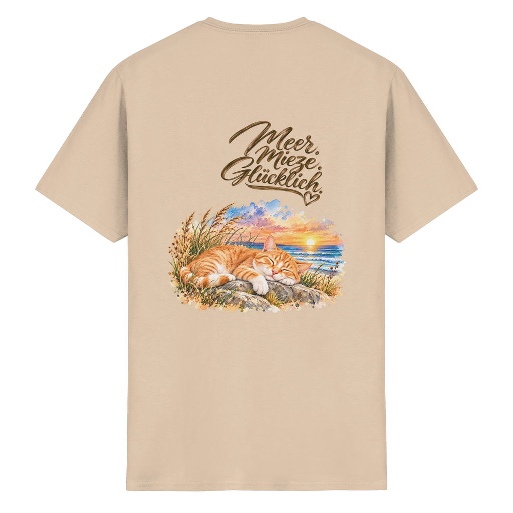 Unisex Heavy-Cotton-T-Shirt in Natural mit „Meer. Mieze. Glücklich.“ als Backprint – Original-Mockup