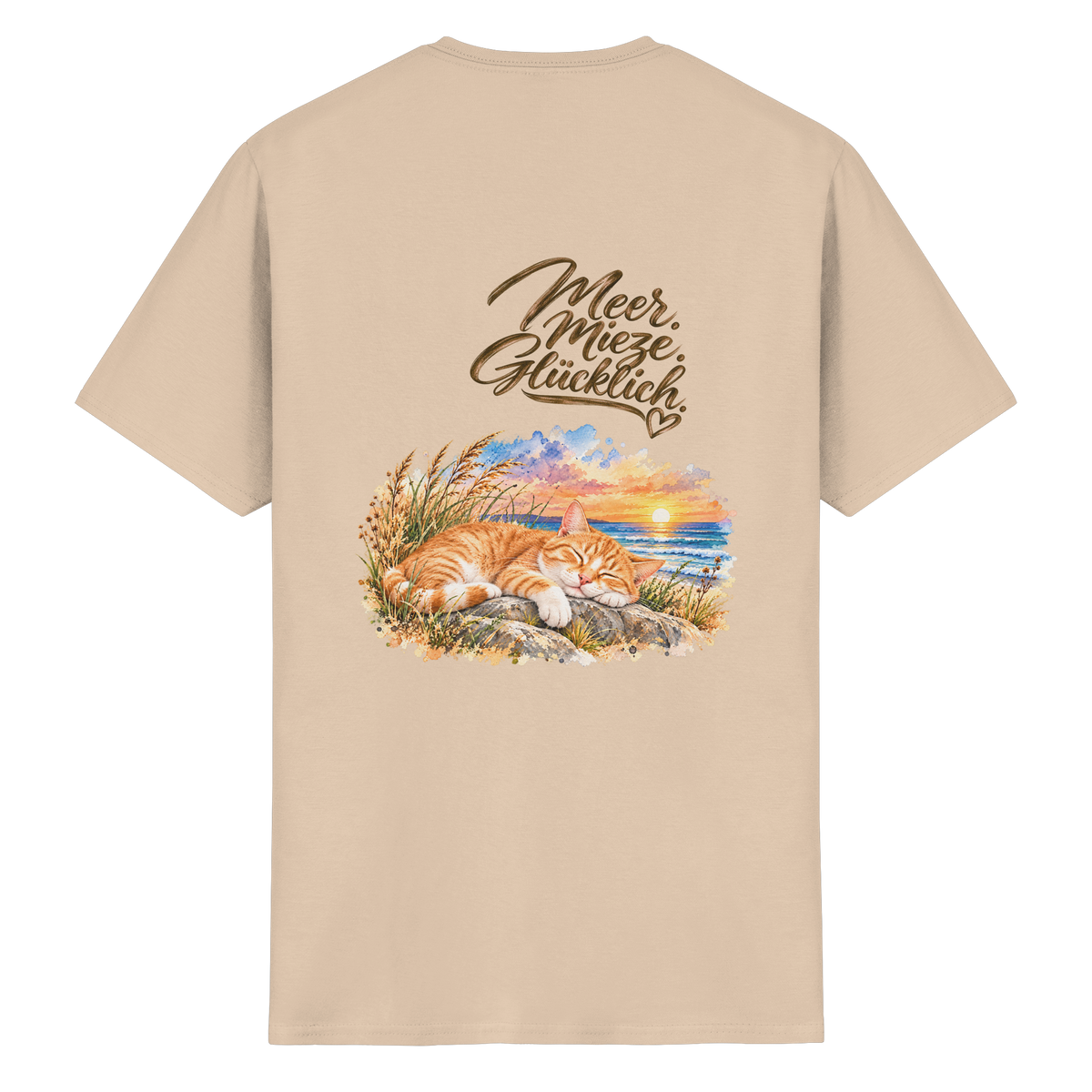 Unisex Heavy-Cotton-T-Shirt in Natural mit „Meer. Mieze. Glücklich.“ als Backprint – Original-Mockup