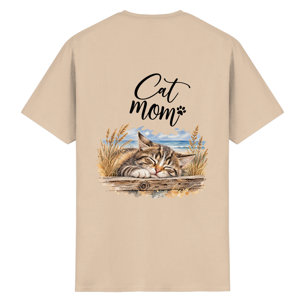 Cat Mom Heavy-Cotton-T-Shirt in Natural – Originalansicht mit schlafender Katze und Küstenmotiv als Rückenprint.