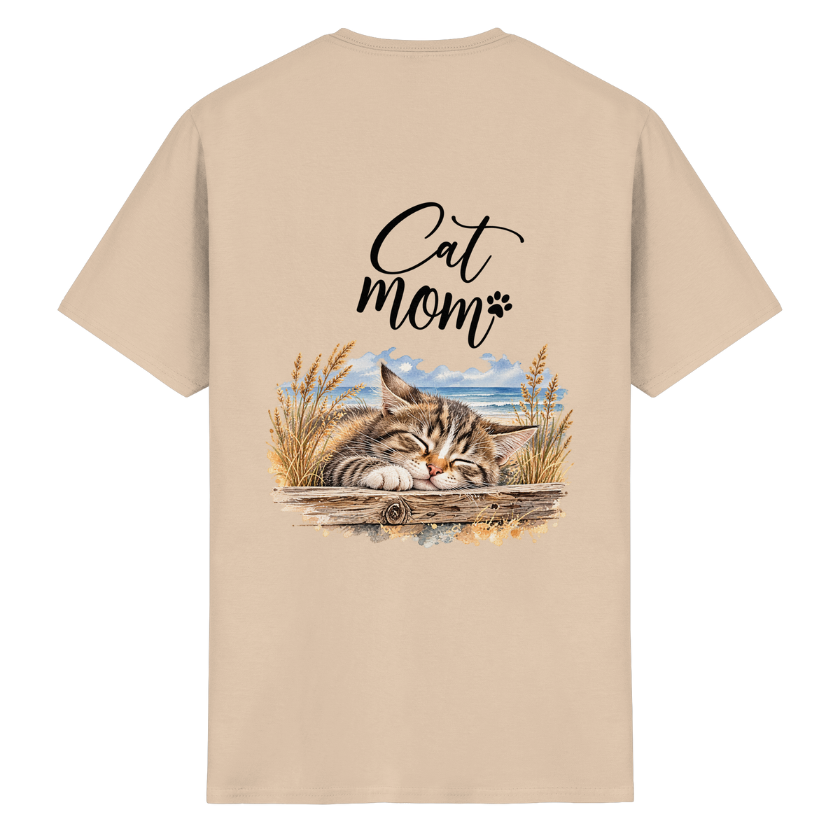 Cat Mom Heavy-Cotton-T-Shirt in Natural – Originalansicht mit schlafender Katze und Küstenmotiv als Rückenprint.