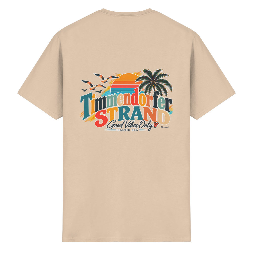 Essential T-Shirt in Natural, Katalog-Rückansicht mit Timmendorfer-Strand-Good-Vibes-Only-Rückenprint.