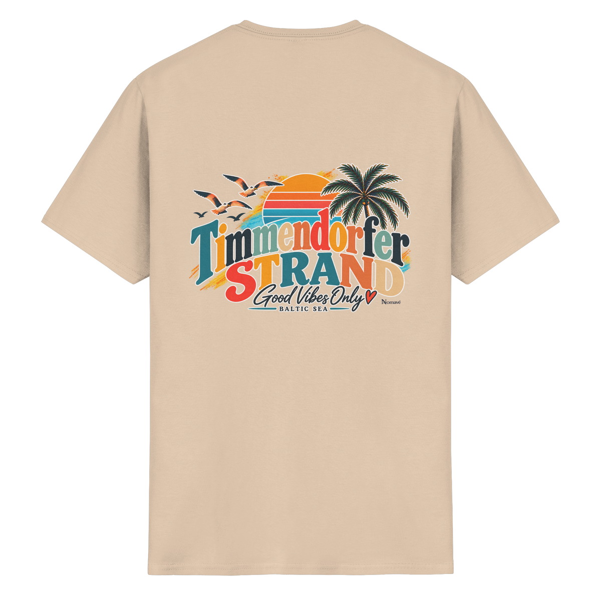 Essential T-Shirt in Natural, Katalog-Rückansicht mit Timmendorfer-Strand-Good-Vibes-Only-Rückenprint.