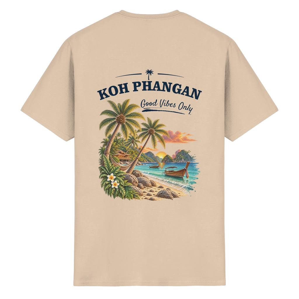 Koh Phangan Good Vibes Only – Essential T-Shirt – Backprint – Original-Mockup heavy cotton t shirt natural mit Rückenmotiv