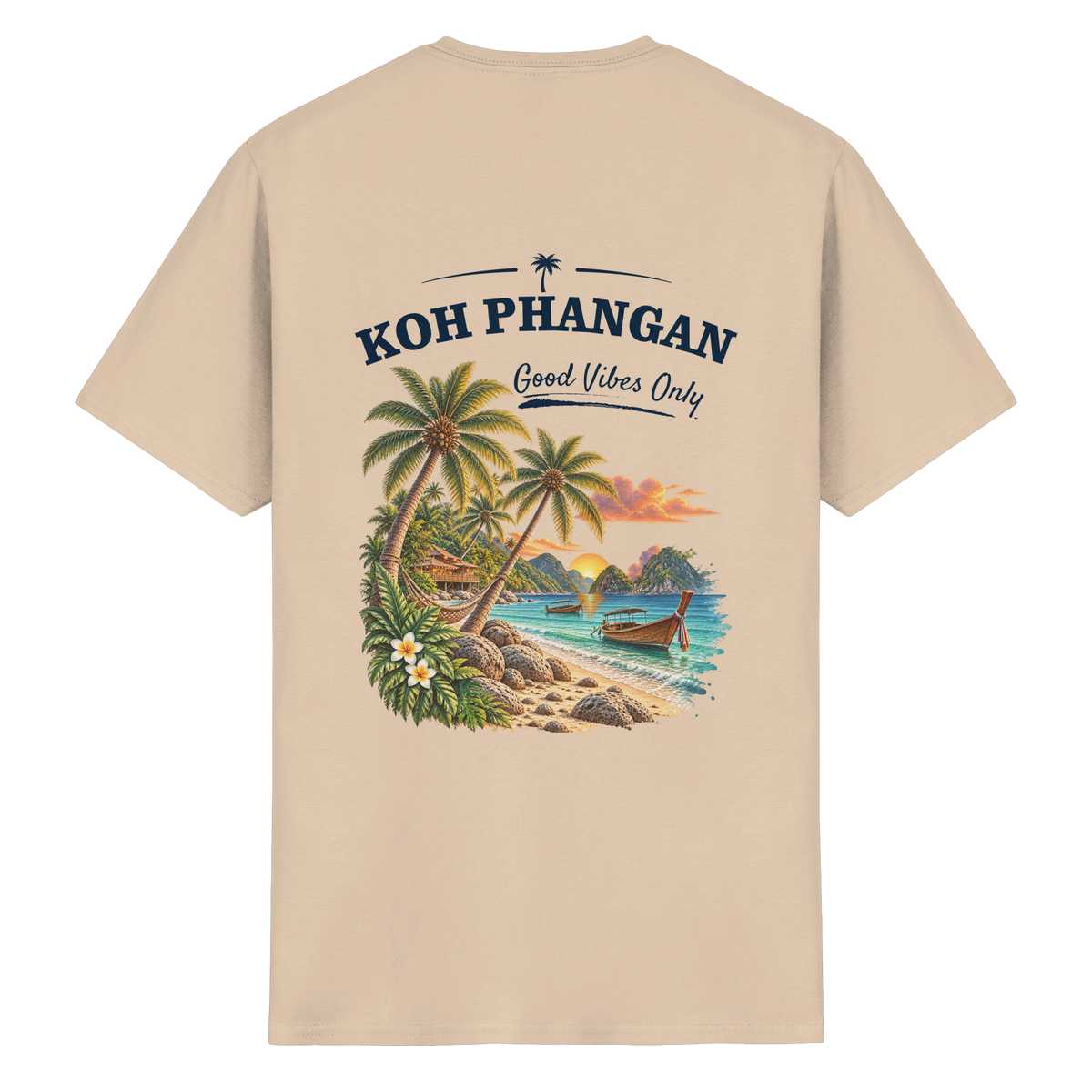 Koh Phangan Good Vibes Only – Essential T-Shirt – Backprint – Original-Mockup heavy cotton t shirt natural mit Rückenmotiv