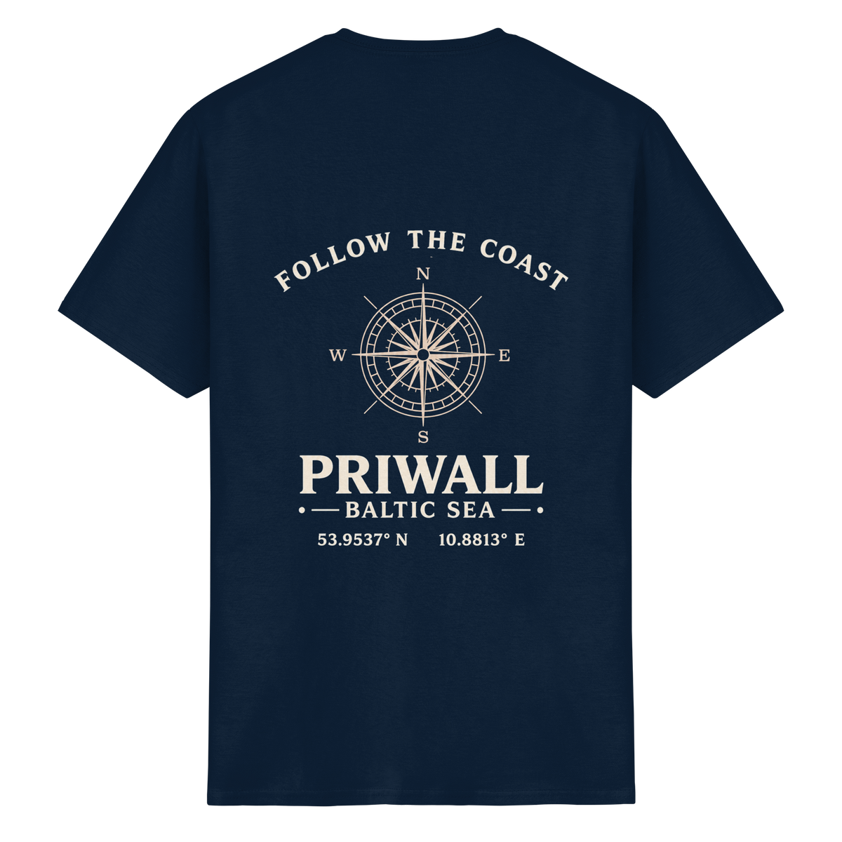 Rückansicht des Essential T-Shirt in Navy mit dunklem Priwall Follow the Coast Backprint