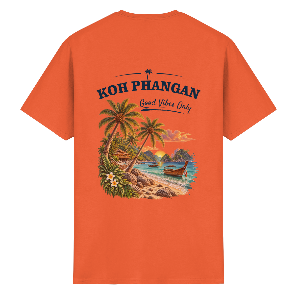 Koh Phangan Good Vibes Only – Essential T-Shirt – Backprint – Original-Mockup heavy cotton t shirt orange mit Rückenmotiv