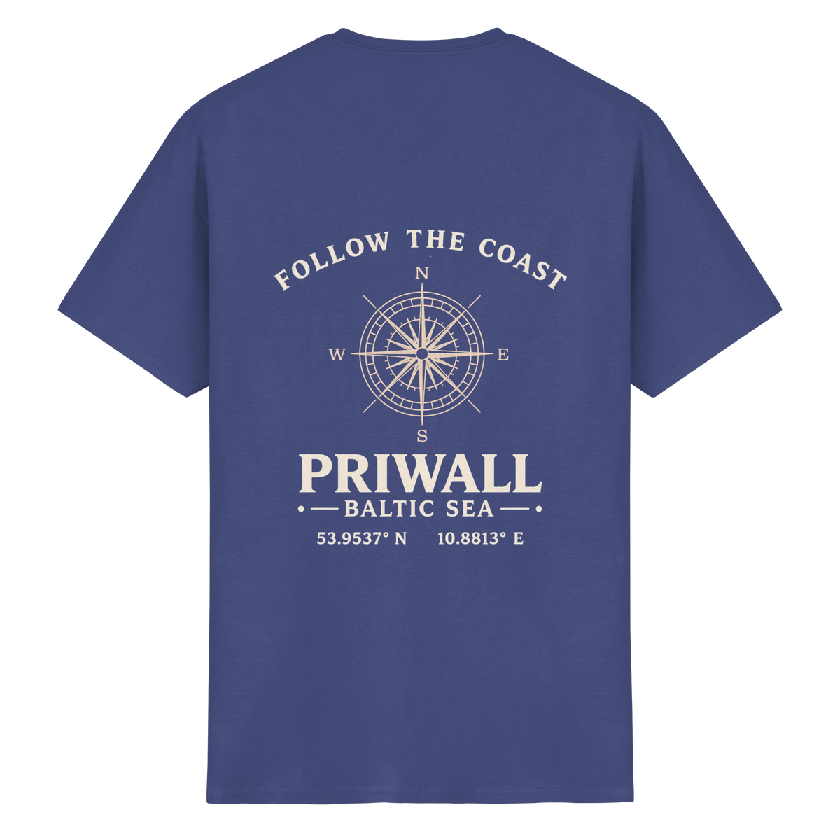 Rückansicht des Essential T-Shirt in Purple mit dunklem Priwall Follow the Coast Backprint