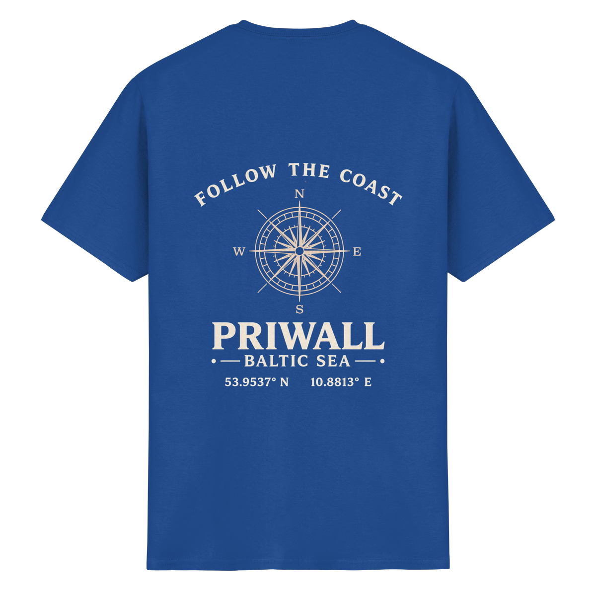 Rückansicht des Essential T-Shirt in Royal mit dunklem Priwall Follow the Coast Backprint