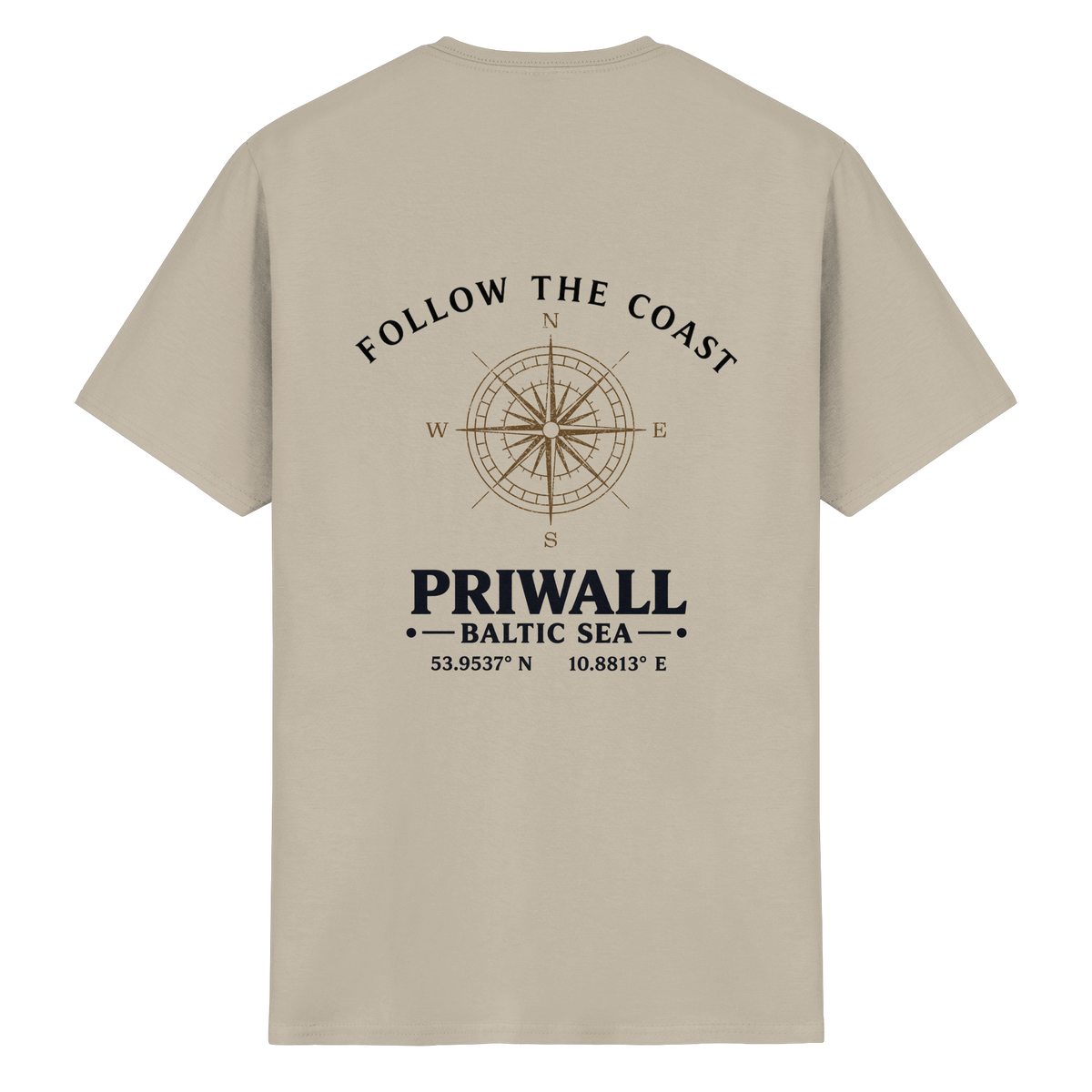 Rückansicht des Essential T-Shirt in der gezeigten Produktfarbe mit hellem Priwall Follow the Coast Backprint