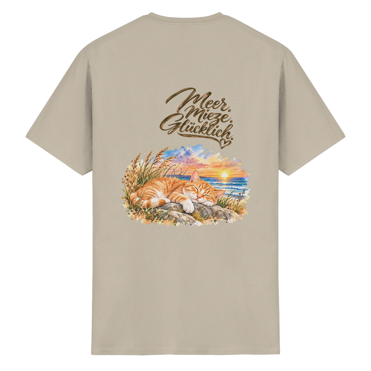 Unisex Heavy-Cotton-T-Shirt in Sand mit „Meer. Mieze. Glücklich.“ als Backprint – Original-Mockup