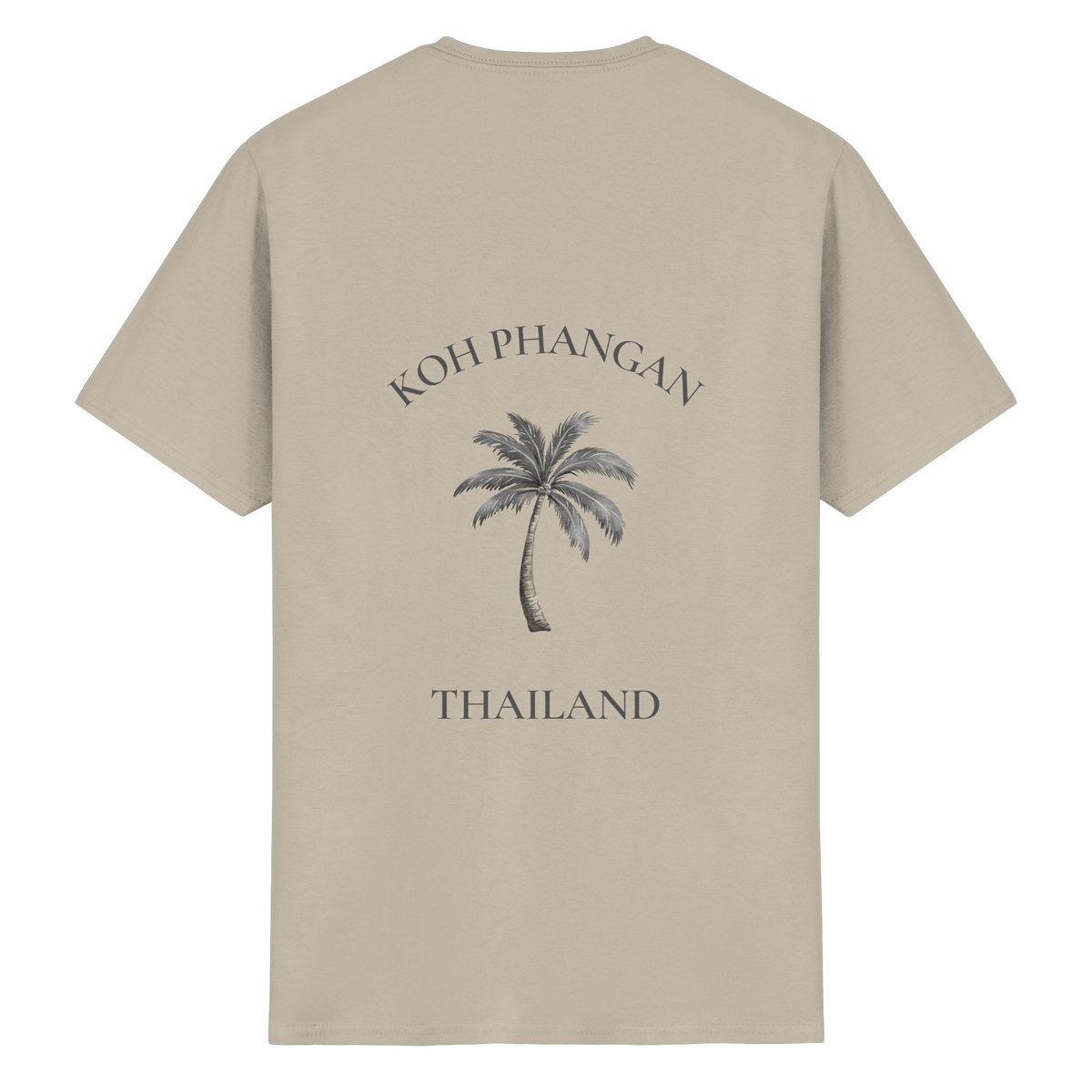 Essential T-Shirt in sand mit Koh Phangan Mini Palm Motiv als Backprint – Original-Mockup