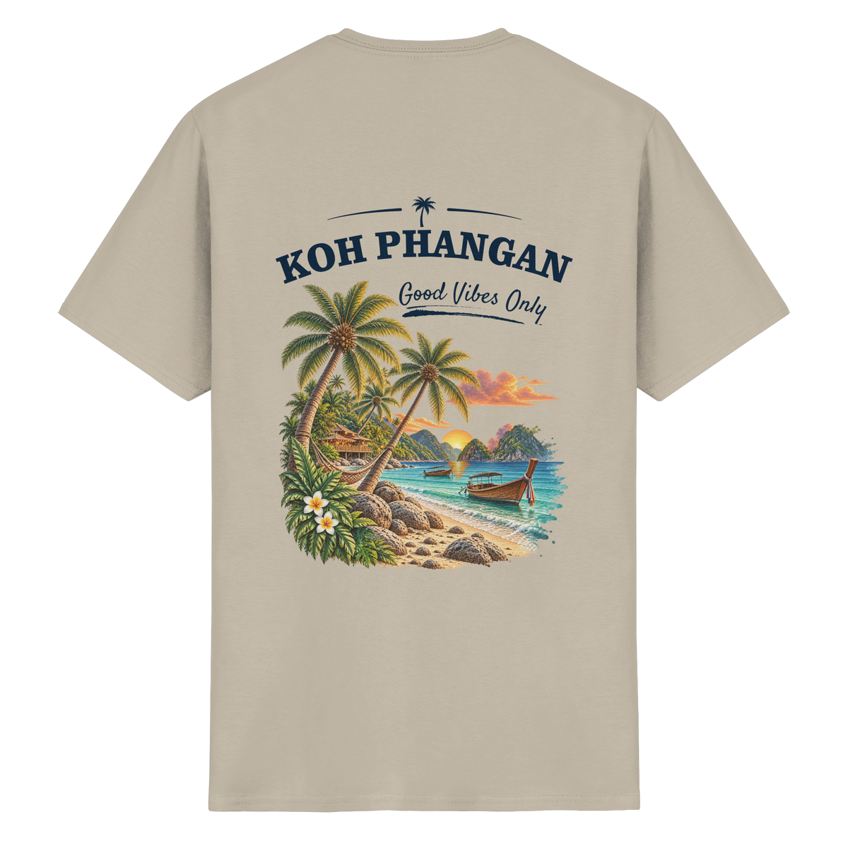 Koh Phangan Good Vibes Only – Essential T-Shirt – Backprint – Original-Mockup heavy cotton t shirt sand mit Rückenmotiv