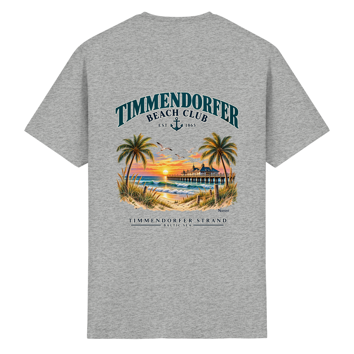 Original-Produktmockup: Essential Unisex-T-Shirt in Sport Grey, Rückansicht mit Timmendorfer-Beach-Club-Motiv und dem Schriftzug Timmendorfer Strand – Baltic Sea.