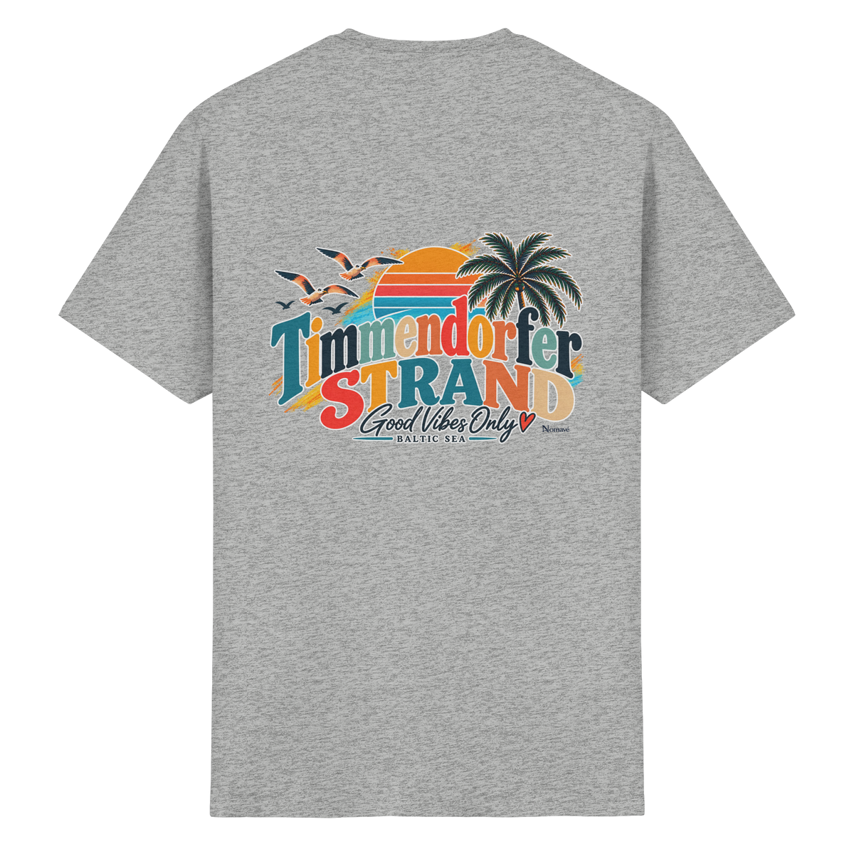 Essential T-Shirt in Sport Grey (meliert), Katalog-Rückansicht mit Timmendorfer-Strand-Good-Vibes-Only-Rückenprint.