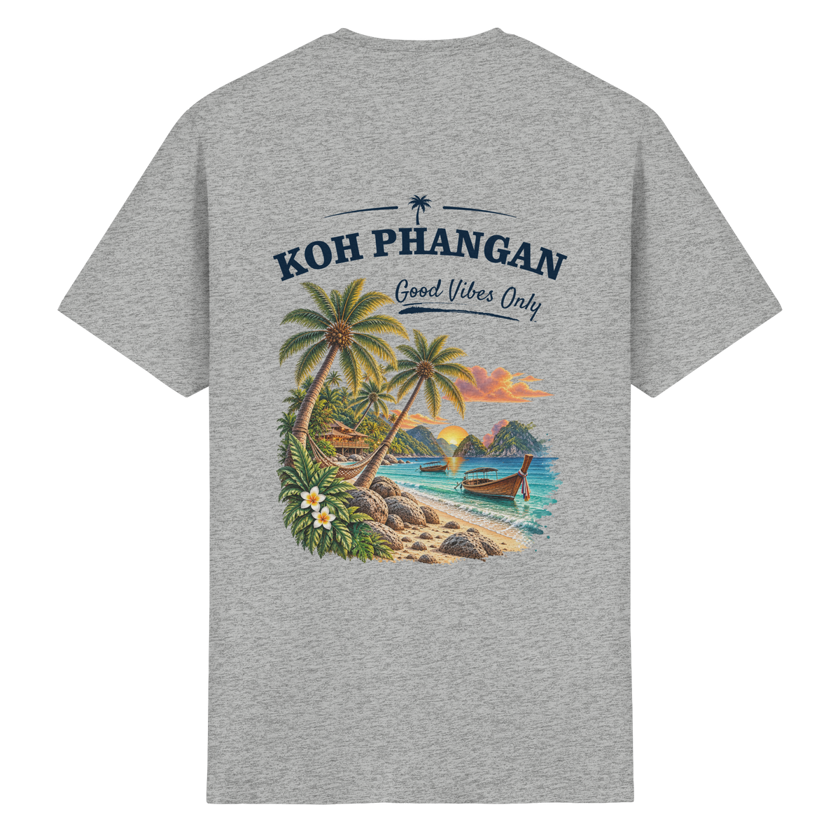 Koh Phangan Good Vibes Only – Essential T-Shirt – Backprint – Original-Mockup heavy cotton t shirt sport grey meliert mit Rückenmotiv