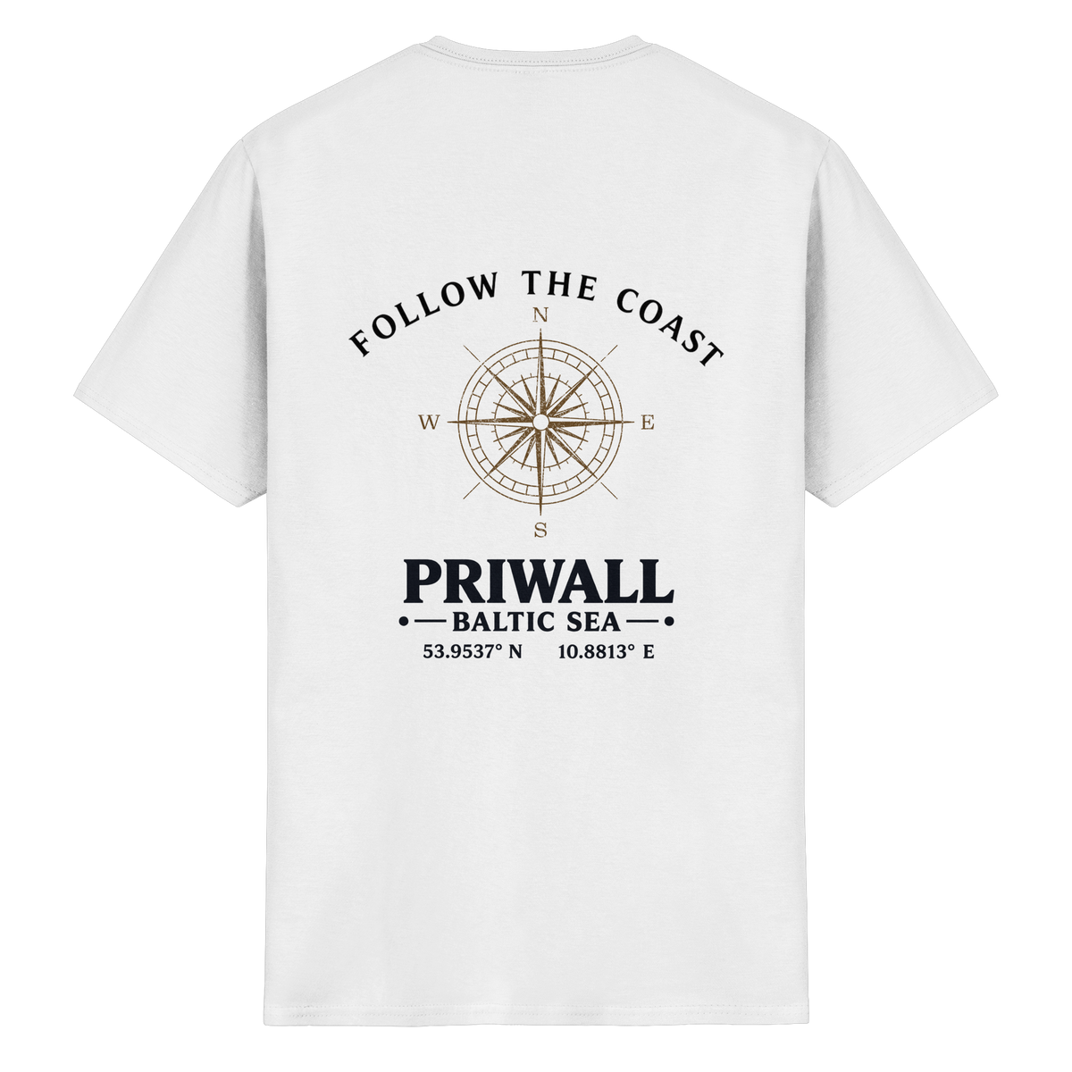 Rückansicht des Essential T-Shirt in White mit hellem Priwall Follow the Coast Backprint