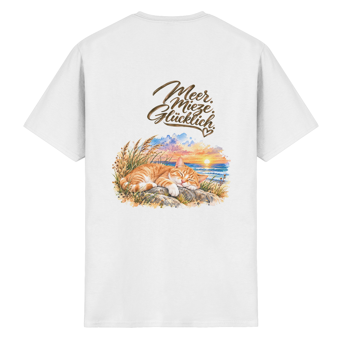 Unisex Heavy-Cotton-T-Shirt in White mit „Meer. Mieze. Glücklich.“ als Backprint – Original-Mockup